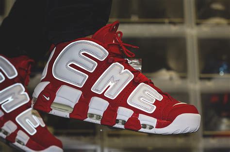 replica supreme x nike air more uptempo red|supreme x air more red shoes.